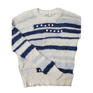 Madewell Women's XXS Sweater Chunky Knit Cream Navy Pom Poms Pull Over LS